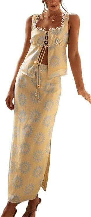 Women's Square Neck Sleeveless Summer 2 Piece Maxi Skirt, Short Strappy Vest and Slit Maxi Skirt ... | Amazon (US)