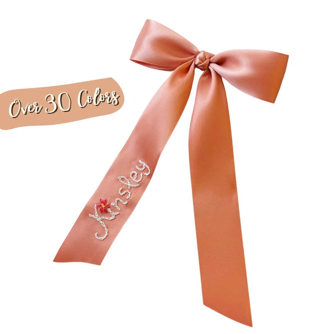 Personalized Hair Bows Hand Embroidered Name for Girls Satin - Etsy | Etsy (US)