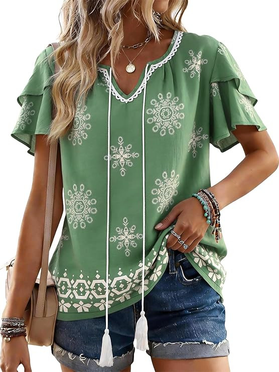 Womens Summer Boho Tops Short Sleeve Peplum Blouses V Neck Bohemian Shirt Tie Front Tunic Vacatio... | Amazon (US)