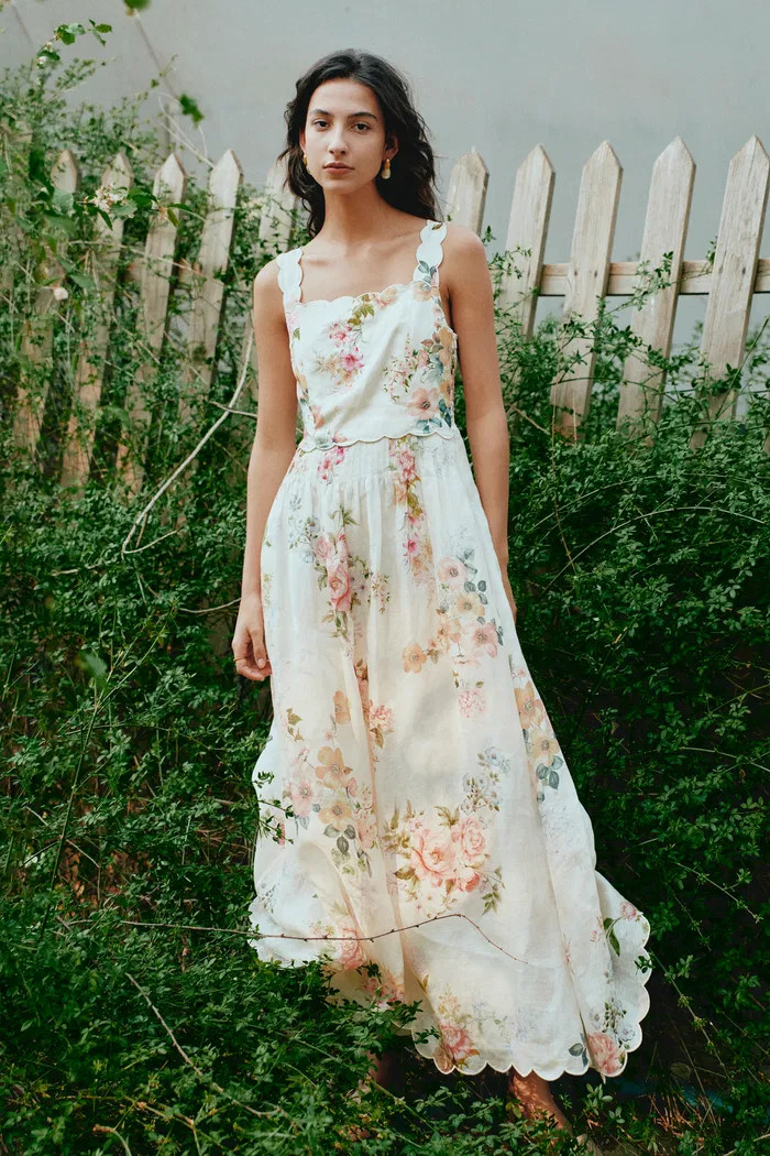 Xena Watercolor Flora Embroidery Strap Dress in Silk-Linen | Fabrique