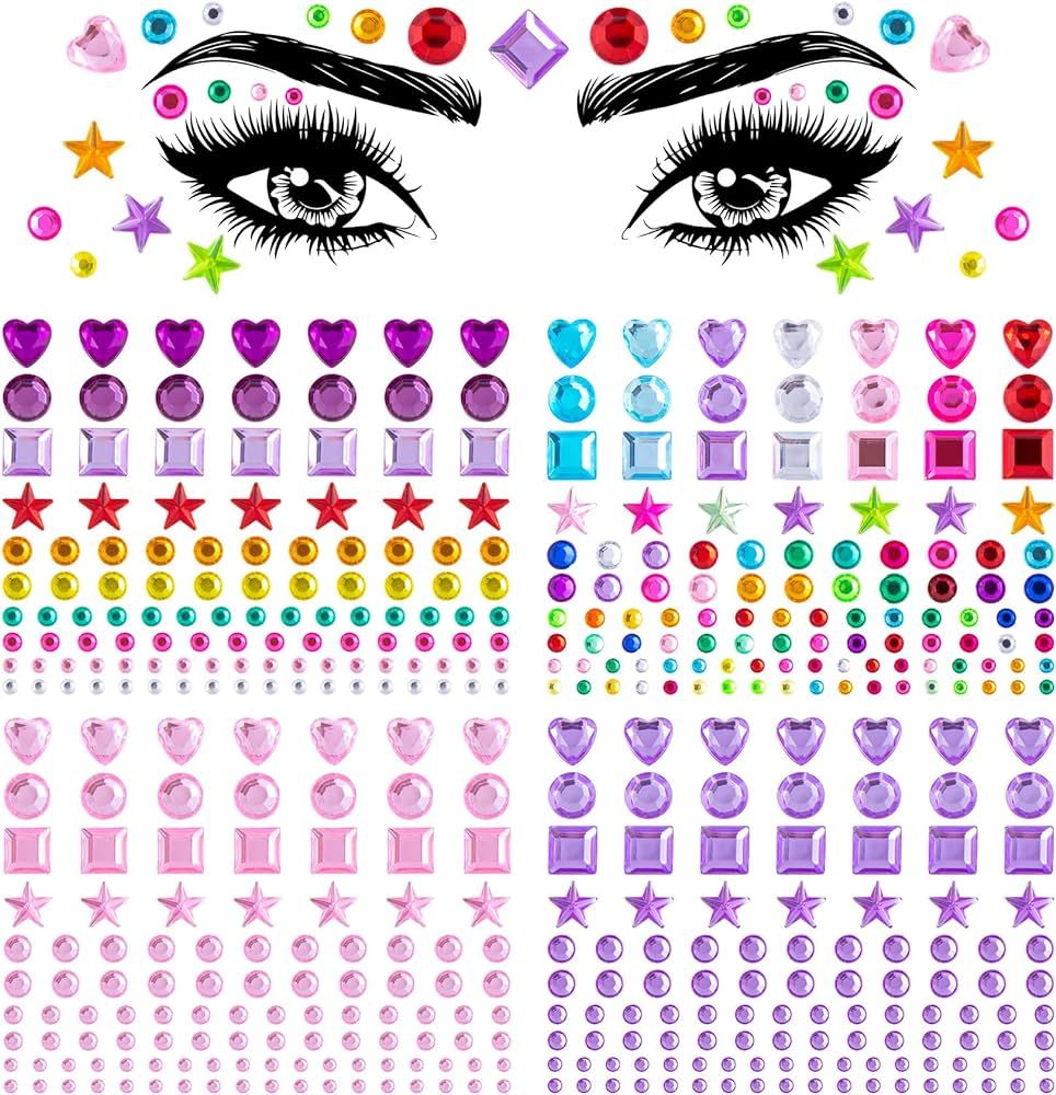 OIIKI 4 Sheets Colorful Star Face Eye Stickers, Heart Face Gems, Acrylic Crystal Face Gems, Hallo... | Amazon (US)