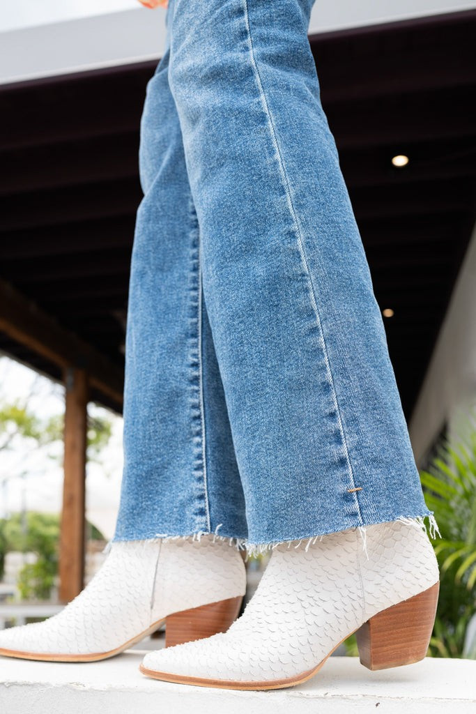 Caty White Snake Ankle Boots | Red Dress 