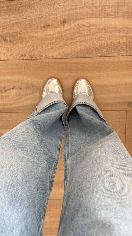 Loving my new silver sneakers and wide cuffed jeans for spring! It’s like having disco balls on my feet. 🪩 

#LTKshoecrush #LTKFestival #LTKstyletip