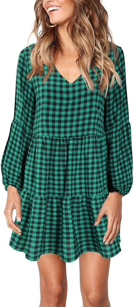 Cosonsen Womens Printed Swing Shift Dress Long Sleeve V Neck Tunic Dress | Amazon (US)