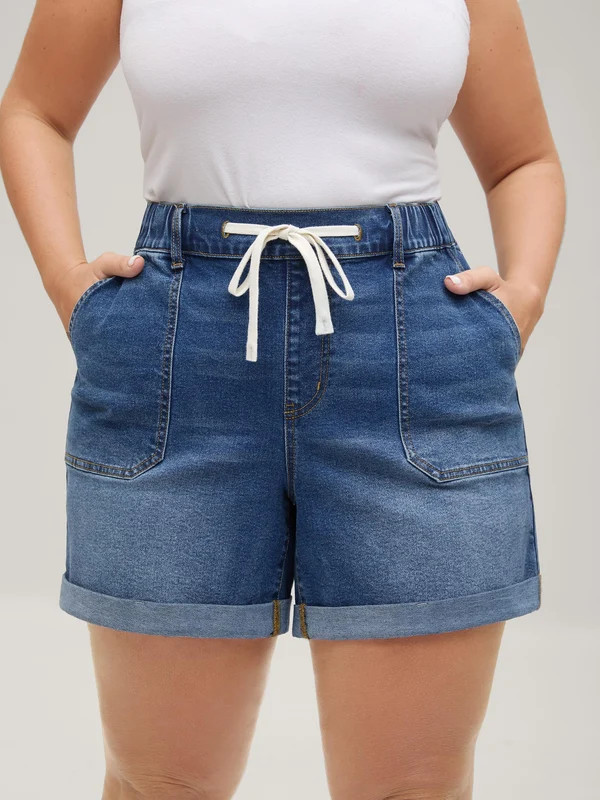 Pull-On Folded Hem High-Rise Denim Shorts | Bloomchic