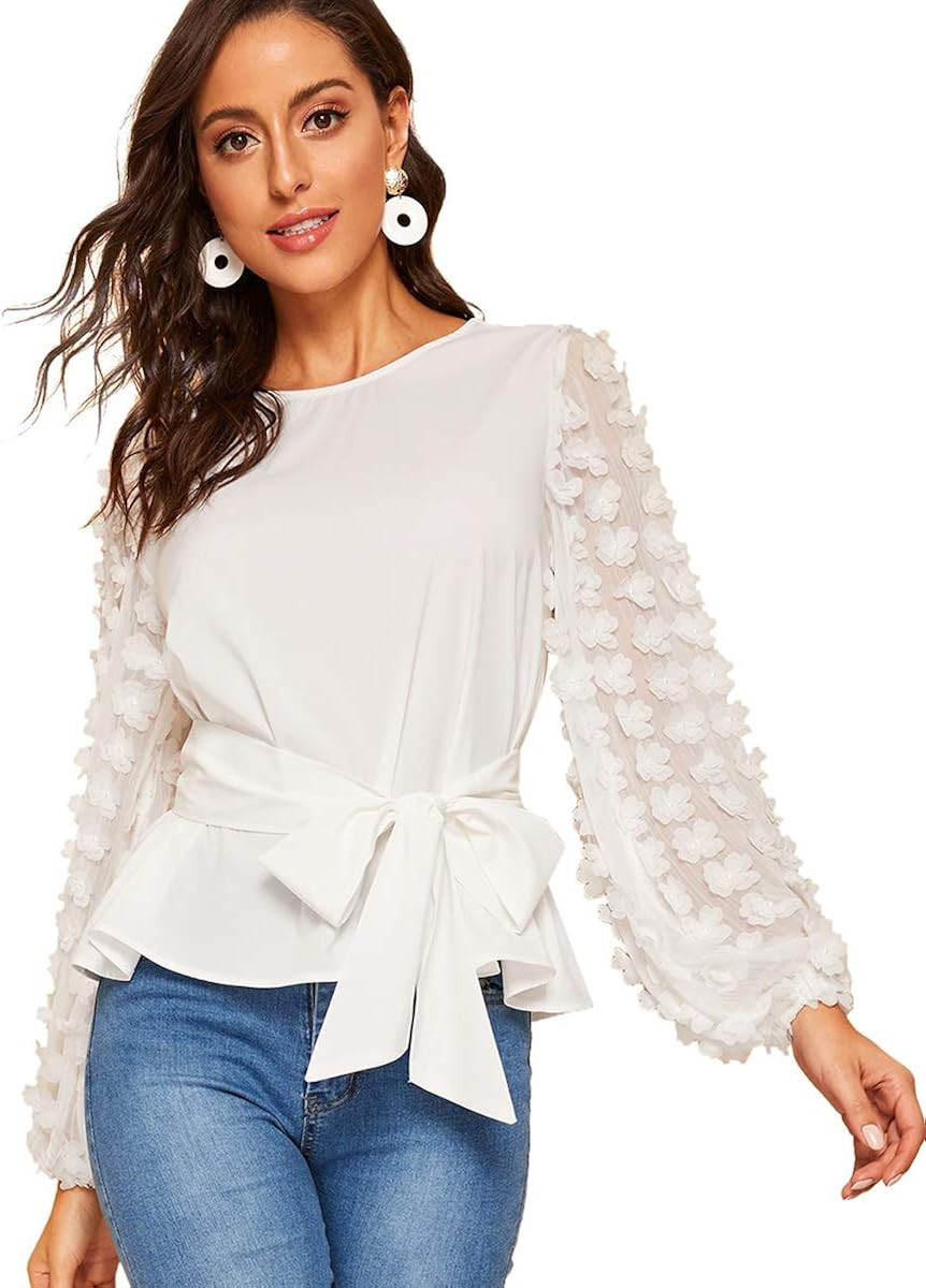 Romwe Women's Mesh Embroidered Floral Sleeve Self Belted Blouse Top | Amazon (US)