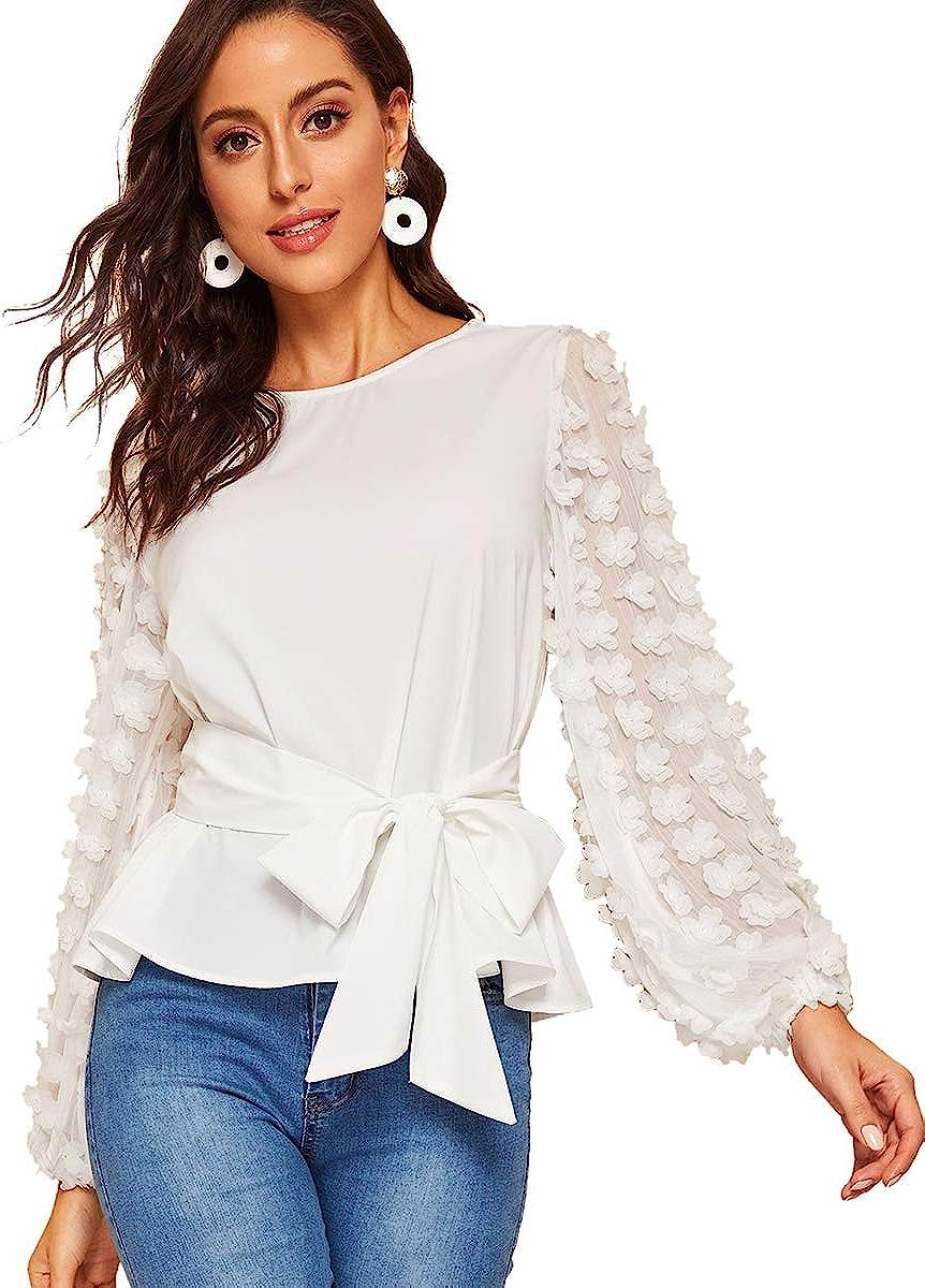 Romwe Women's Mesh Embroidered Floral Sleeve Self Belted Blouse Top       Add to Logie | Amazon (US)