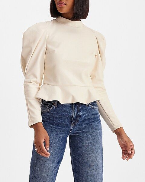 Faux Leather Mock Neck Puff Sleeve Peplum Top | Express