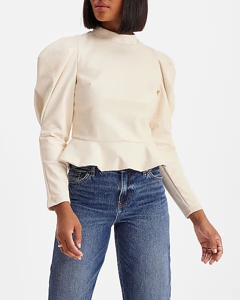 Faux Leather Mock Neck Puff Sleeve Peplum Top | Express