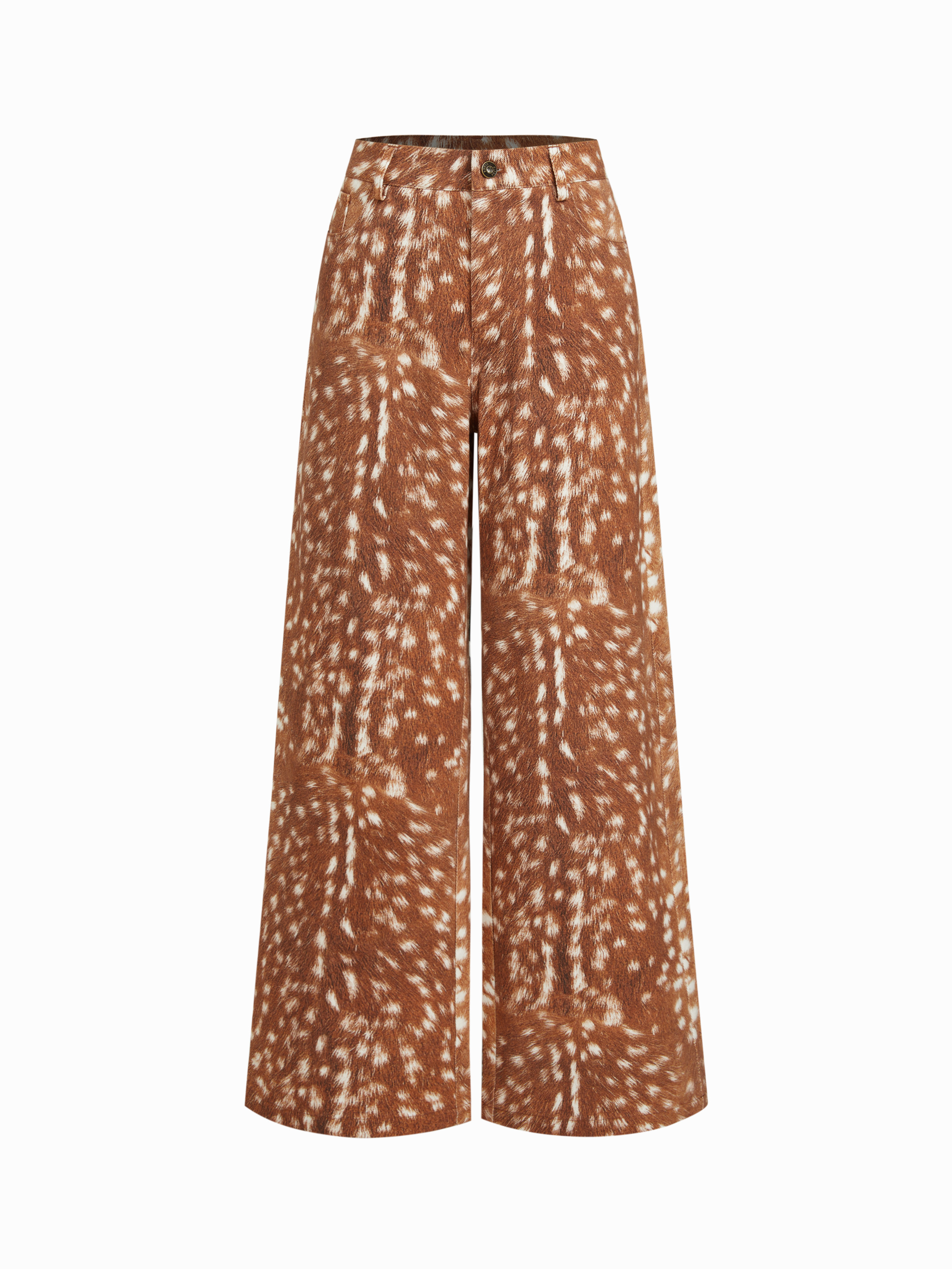 Woven 100% Cotton Deer Print Mid Rise Straight Leg Trousers For Daily Casual | Cider
