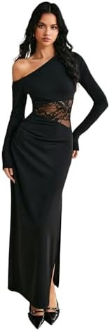 GORGLITTER Women's Lace Asymmetrical Neck Patchwork Maxi Dresses Fall One Shoulder Long Sleeve Ve... | Amazon (US)
