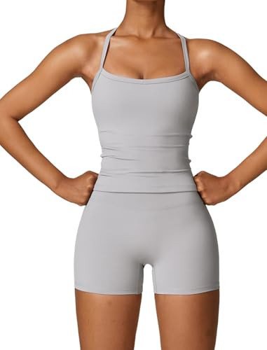 QBGJTD Two Piece Workout Sets For Women Straps Cross Back Tank Top Matching High Waist Booty Lifting Biker Shorts 2 Piece Gym Yoga Active Wear Outfits Womens Athletic Work Out Clothes Grey XL | Amazon (US)