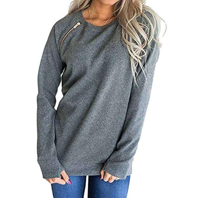 URIBAKE Women Fashion O-Neck Long Sleeve Zipper T-Shirt Blouse Pullover Sweatshirt Solid Color Grey | Amazon (US)