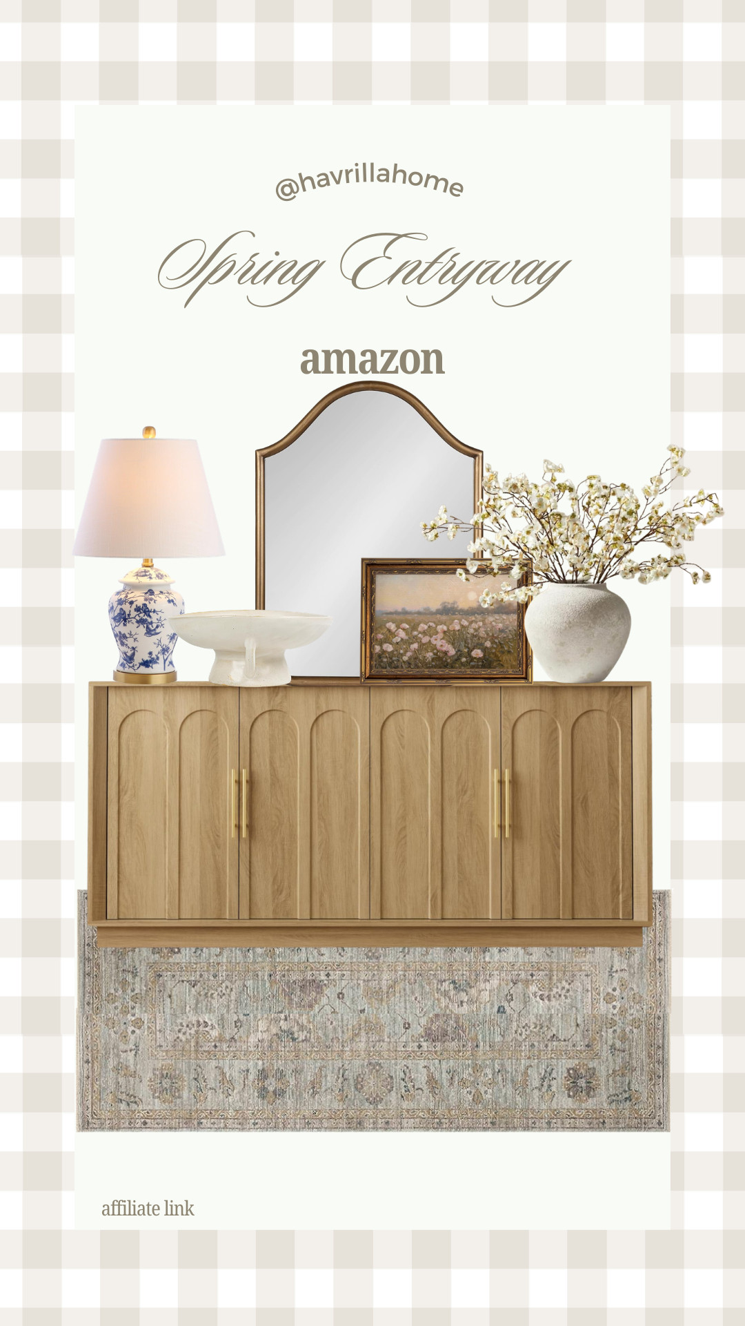 Spring entryway decor, amazon entryway cabinet, arched gold mirror, blue and white table lamp, floral spring stems, framed landscape art, neutral entry rug, light wood sideboard, decorative pedestal bowl, fresh spring home styling, organic modern entryway, affordable spring decor 

 

#LTKSeasonal #LTKHome