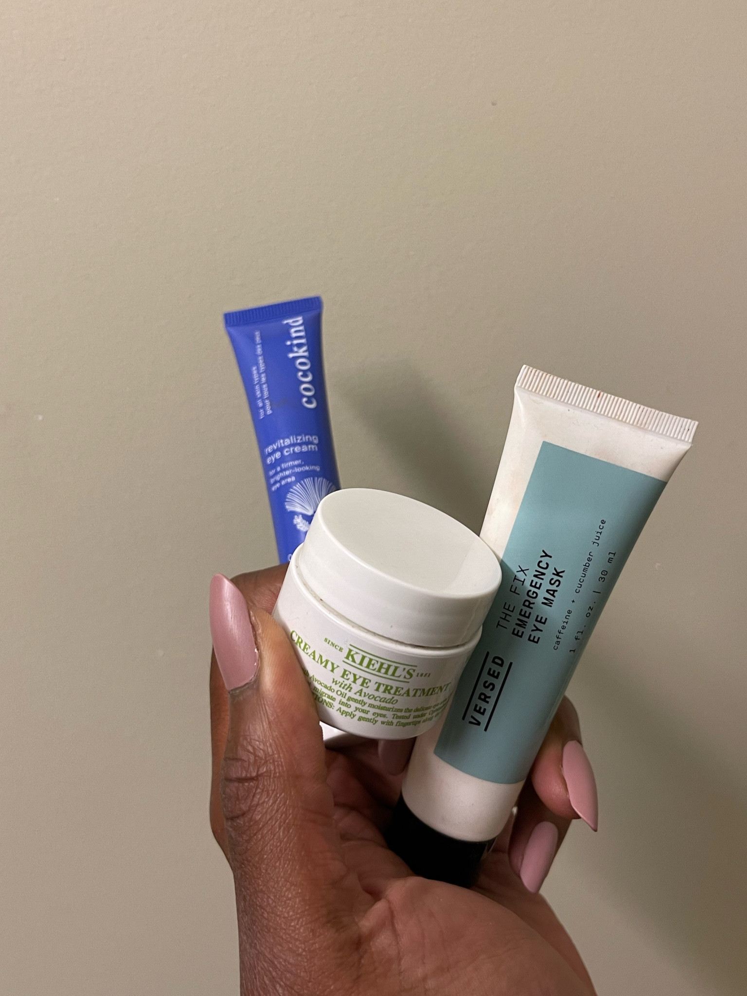 Eye cream from Sephora and target cocokind, versed skincare, kiehl’s eye treatment 