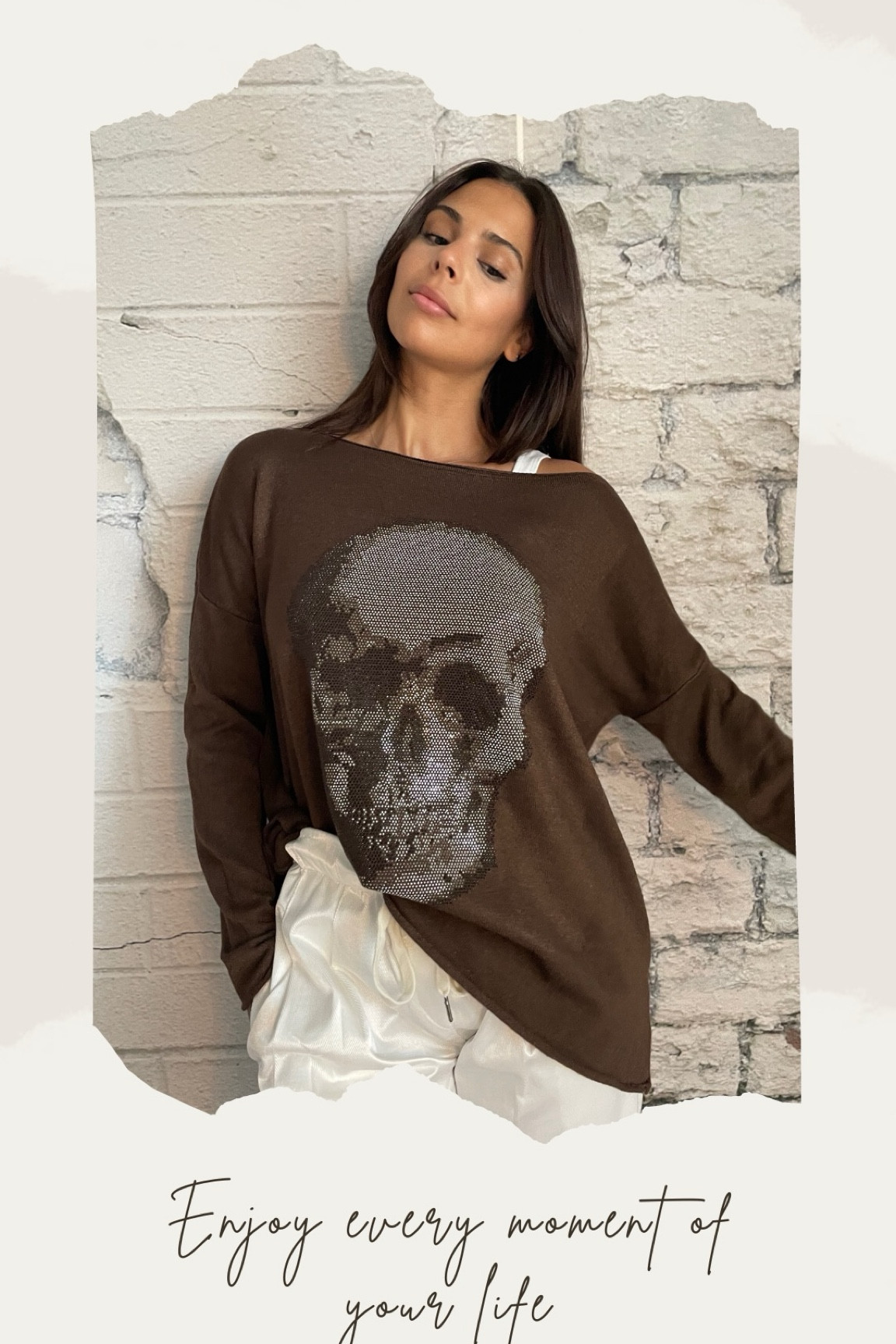Enjoy our rhine stone skull long sleeve sweater in chocolate 
