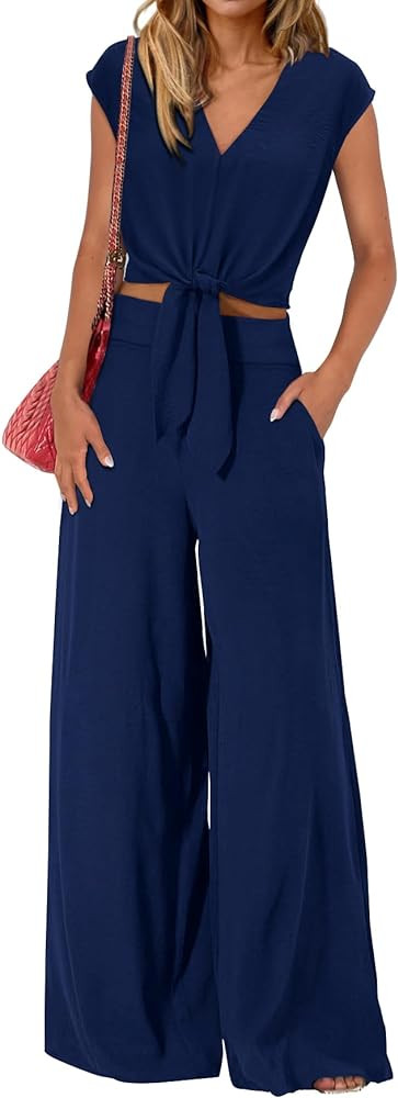 PRETTYGARDEN Women's Summer 2 Piece Outfits 2026 Cap Sleeve V Neck Belted Crop Tops Wide Leg Pant... | Amazon (US)