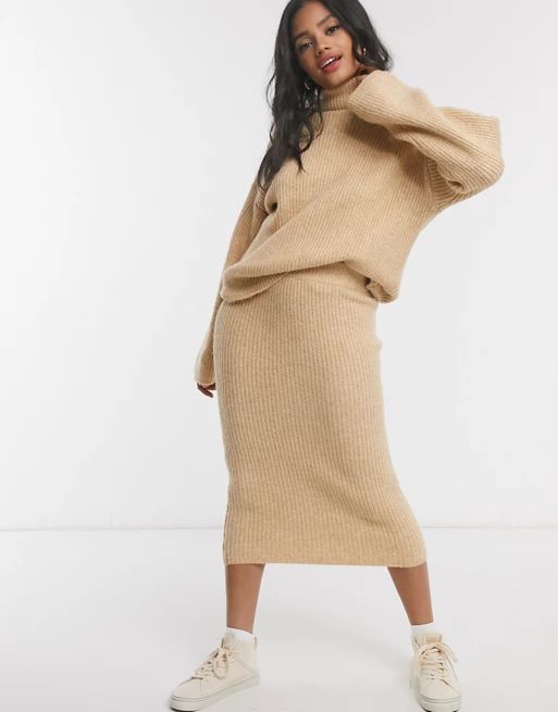 ASOS DESIGN fluffy roll neck sweater and skirt in camel | ASOS | ASOS (Global)