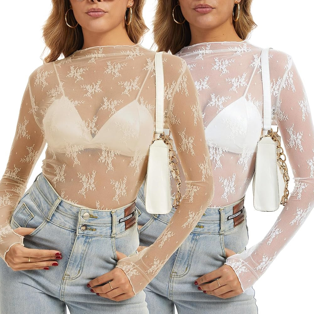 Women's Long Sleeve Lace Tops Mesh Tops Sheer Layering Top Sexy Mock Neck Floral See Through Shir... | Amazon (US)
