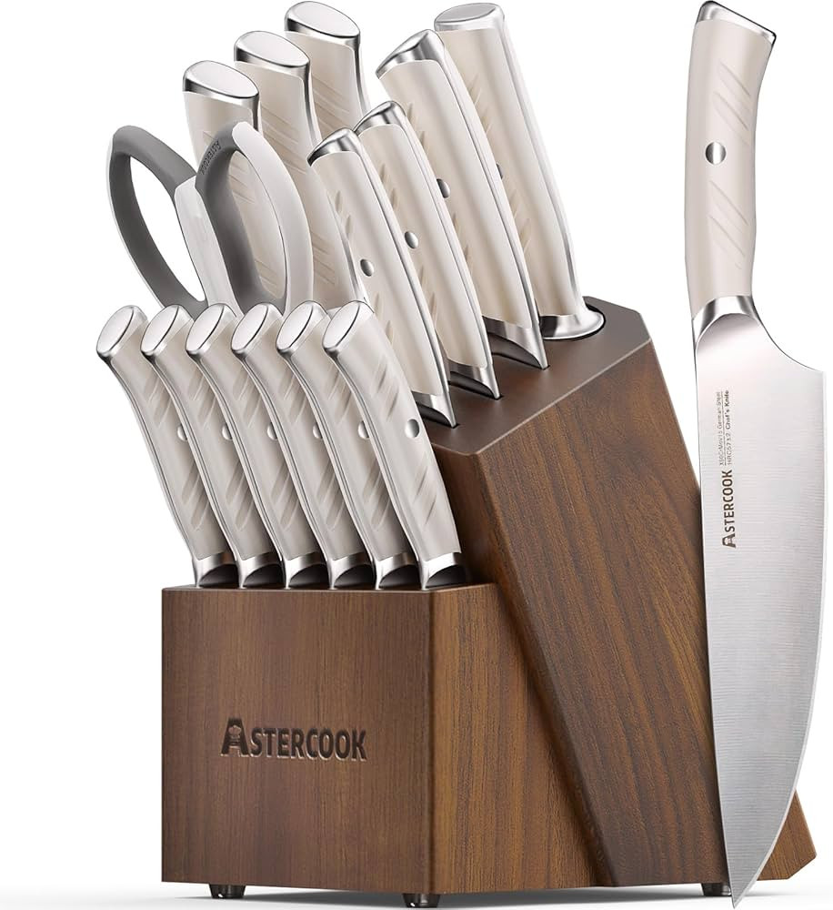Knife Set, Astercook 15 Pcs Luxurious Kitchen Knife Set with Block, High Carbon German Stainless ... | Amazon (US)