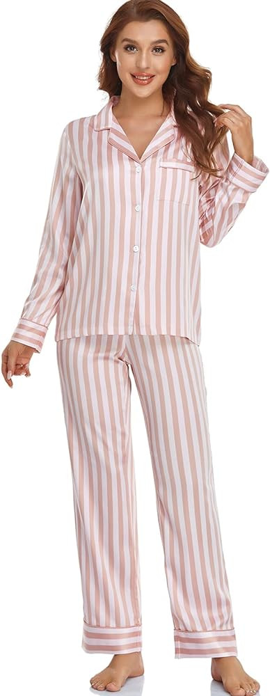 Serenedelicacy Women's Satin Pajama Set Long Sleeve Button Down Sleepwear 2-Piece Striped Silky P... | Amazon (US)