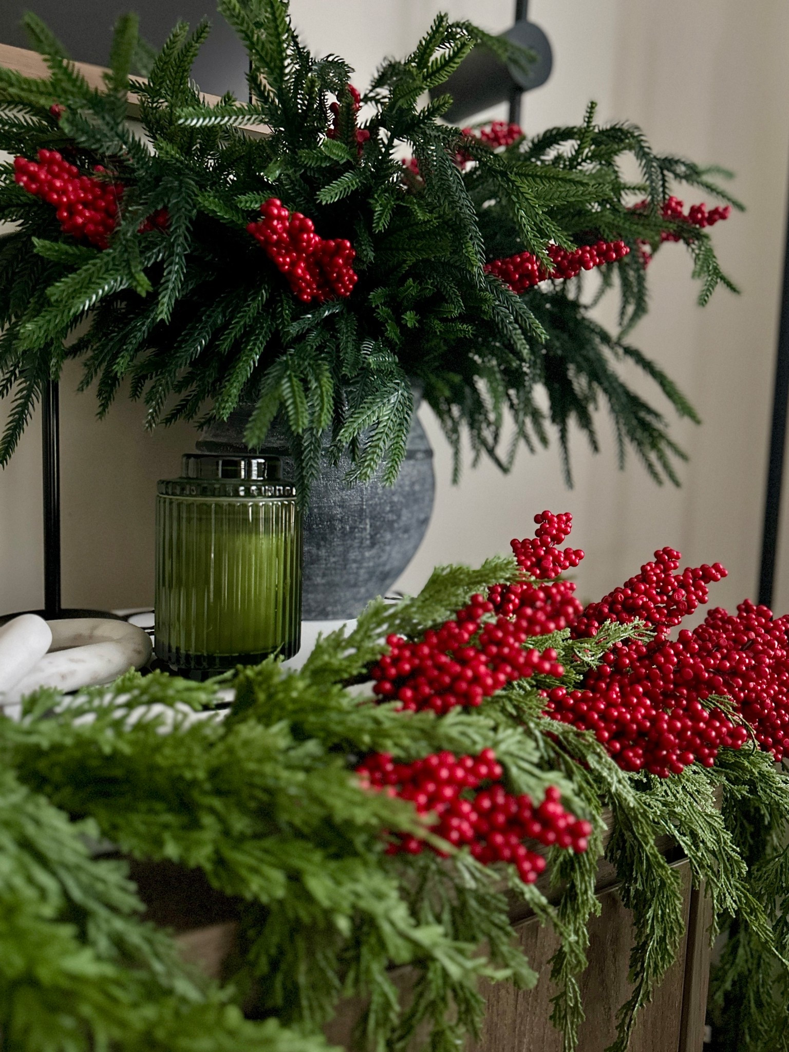 Simple and elegant Christmas greenery for your home - Norfolk pine stems and cedar pine garland with red berries for a pop of color  

#LTKHome #LTKHoliday #LTKSeasonal
