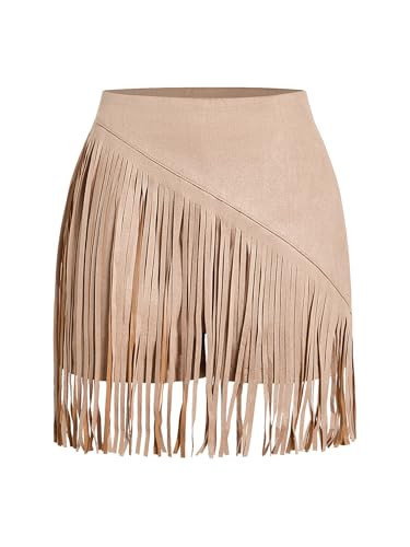 SweatyRocks Women's Cowgirl Fringe Skirts Faux Suede Western Mini Skirt Country Concert Outfits Khaki Large | Amazon (US)