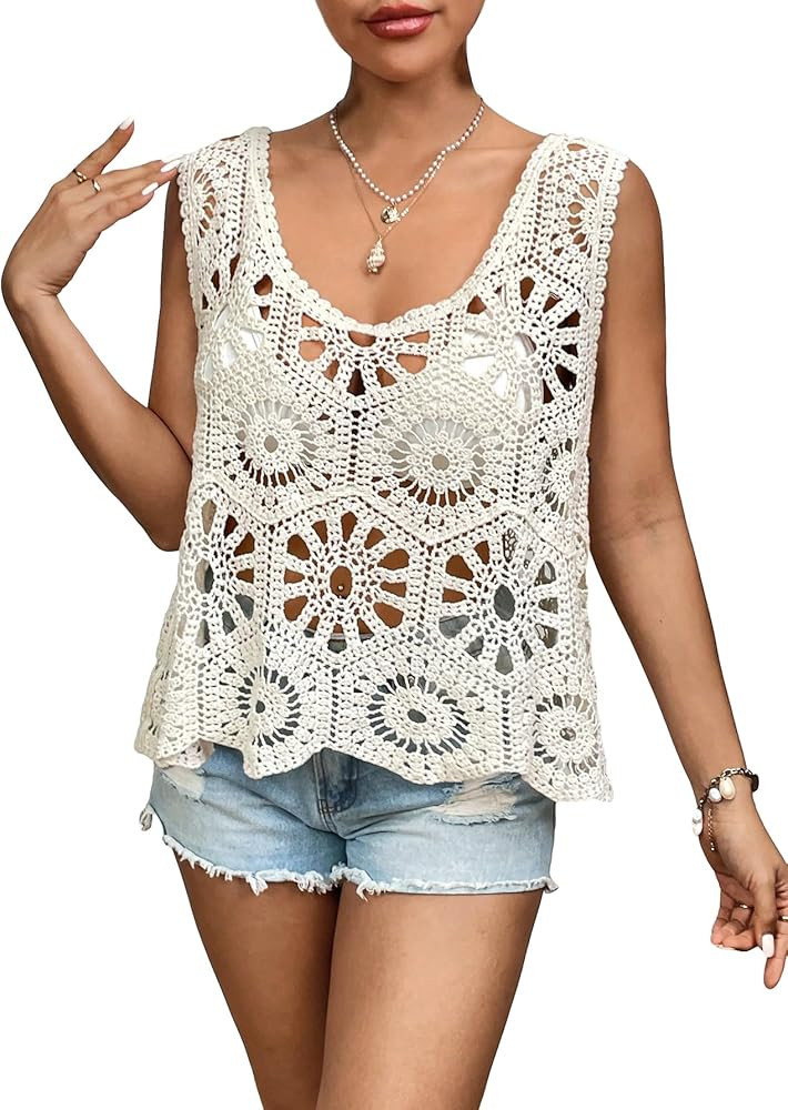 SHENHE Women's Crochet Hollow Out Sheer Swim Cover Up Top Scoop Neck Boho Tank Coverup | Amazon (US)