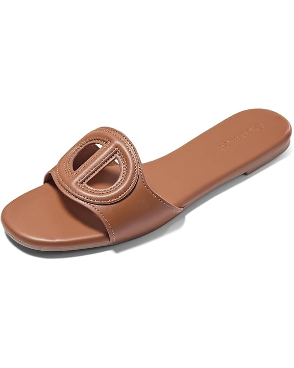 Coutgo Womens Dressy Flat Sandals Open Toe Slip on Leather Summer Beach Slide Sandals | Amazon (US)
