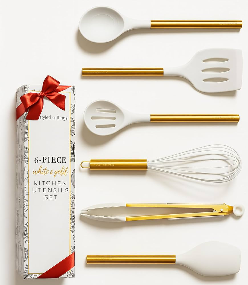 Styled Settings White and Gold Kitchen Utensils Set – 6-Piece Silicone Cooking Utensils with Sp... | Amazon (US)
