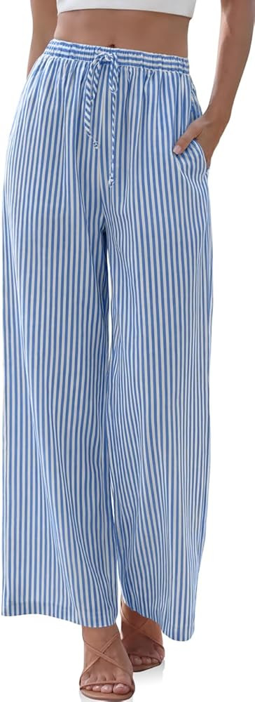 TARSE Womens Linen Striped Gingham Wide Leg Pants Palazzo Drawstring Lounge Pajama Pants Cute Cas... | Amazon (US)