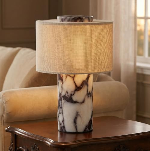 SAMAH Marble Touch Lamp, Luxury Stone Table Lamps, Rechargeable Cordless Night Light, Linen Cloth Fiber Lampshade for Home Decor Bedroom Office, Housewarming Gifts for Women Men (Calacatta Viola) | Amazon (US)