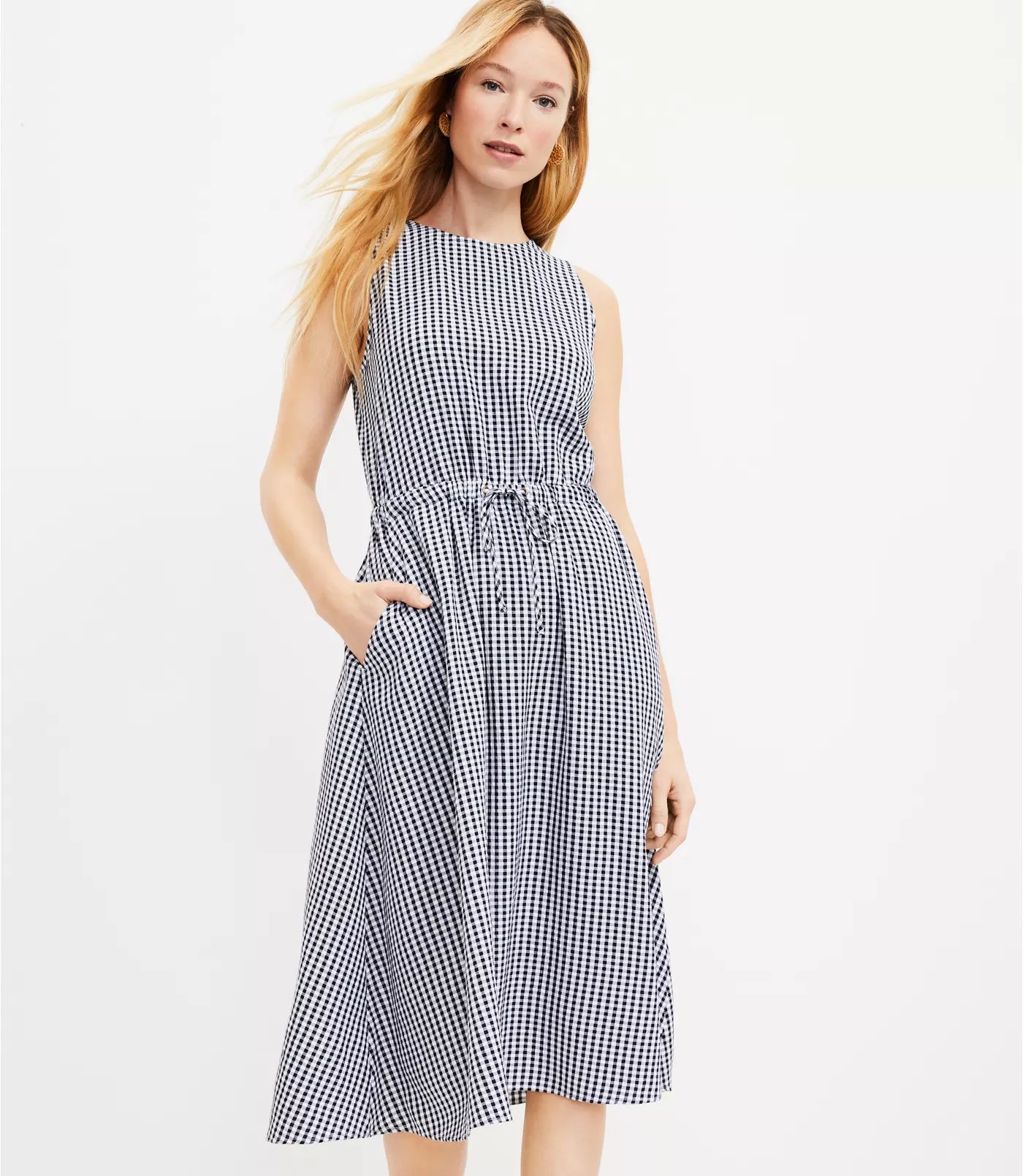 Gingham Crossover Back Pocket Midi Dress | LOFT | LOFT