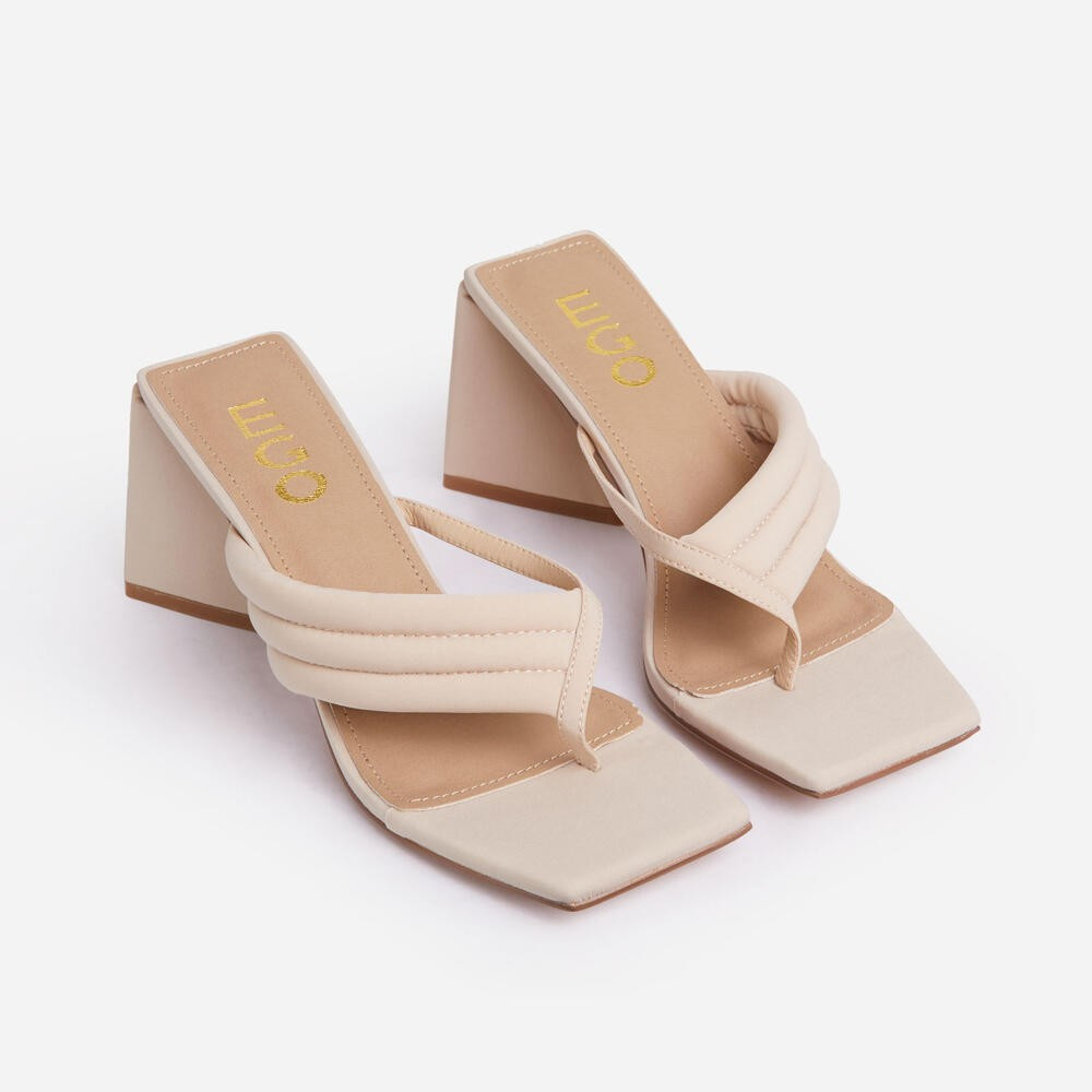 Gracias Padded Thong Strap Square Toe Sculptured Flared Low Block Heel Mule In Nude Lycra | EGO (UK)