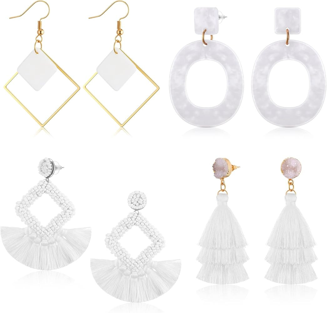 MTLEE 4 Pairs White Earrings for Women Layered Tassel Dangle Earrings Bohemian Geometric Earrings... | Amazon (US)