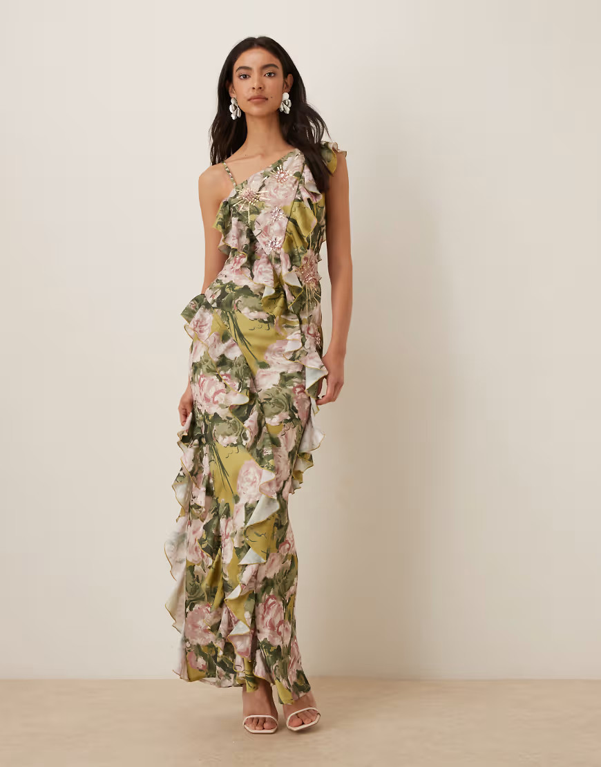 ASOS DESIGN one shoulder asymmetric ruffle satin embellished maxi dress in green floral print-Multi | ASOS (Global)