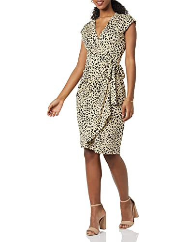 Amazon Essentials Women's Classic Cap Sleeve Wrap Dress (Available in Plus Size), Tan Animal Print, Medium | Amazon (US)