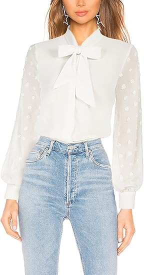 Kate Kasin Women Bow Tie Neck Office Blouse Button Down Long Sleeve Bodysuit Blouse Top | Amazon (US)