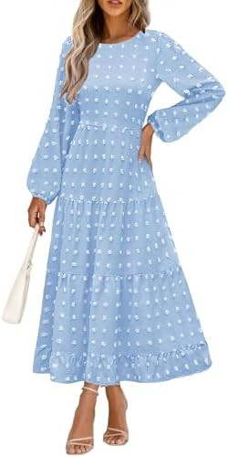 PRETTYGARDEN Women's Fall Spring Elegant Long Sleeve Maxi Dress Swiss Dot A Line Flowy Casual Hol... | Amazon (US)