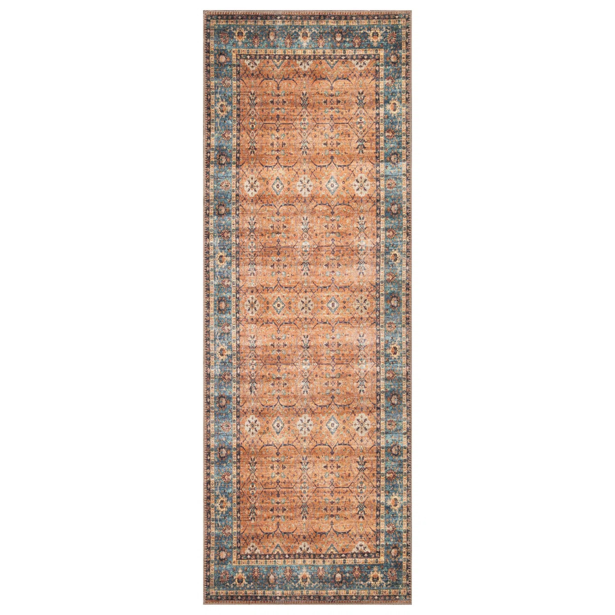 Washable Non-Slip Rug - Orange/Teal Blue Traditional Bordered Runner for Entryway, Hallway, Bathr... | Wayfair North America