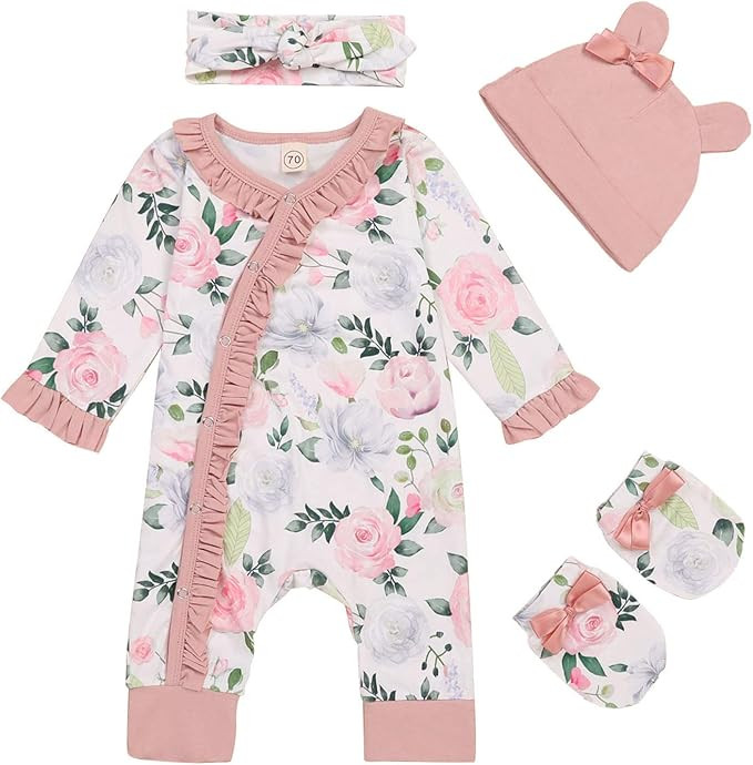 Newborn Girl Floral Jumpsuit Baby Girl Long Sleeve Ruffle Romper Overall Coming Home Outfits | Amazon (US)