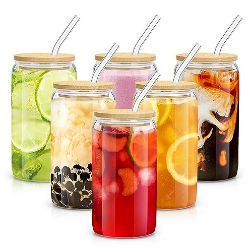 sungwoo 6PCS Glass Cups with Bamboo Lids and Straws, 16OZ Ice Coffee Cup, Drinking Cup set with Wooden Lids, Home Essential Glass Tumblers for Beer, Cocktail, Tea and Latte Clear | Amazon (US)
