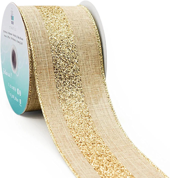 Amazon.com: CT CRAFT LLC Tan Faux Jute with Gold Stripe Wired Ribbon for Home Decor, Gift Wrappin... | Amazon (US)