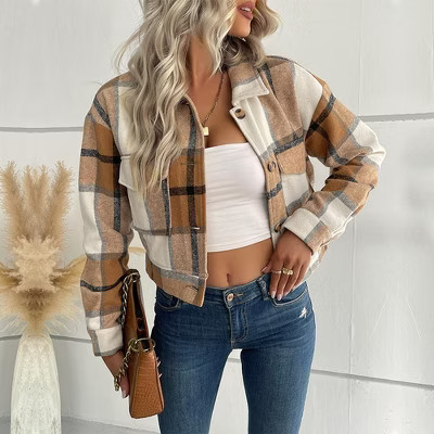Jackets for Women Cropped Shacket Plaid Button Down Shirt Long Sleeve Flannel Coat Tops with Lapel Pocketes Khaki M | Target