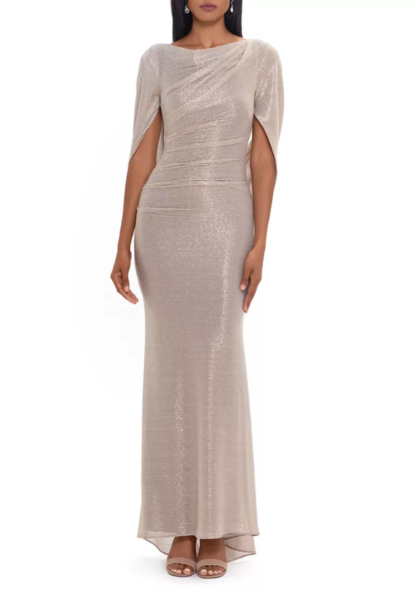 Women's Metallic Cowl Neck Drape Back Gown | Belk