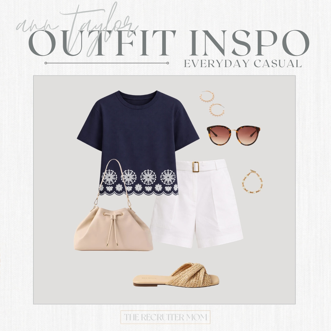 Navy eyelet-hem tee + white shorts = summer uniform loading 🌸
The scalloped embroidery makes it feel elevated without trying too hard. Love the bucket bag + raffia slide combo for everyday.  #AnnTaylor #SummerOutfits #EverydayCasual #EyeletDetail #MomStyle 

 

#LTKSeasonal #LTKOver40 #LTKMidsize