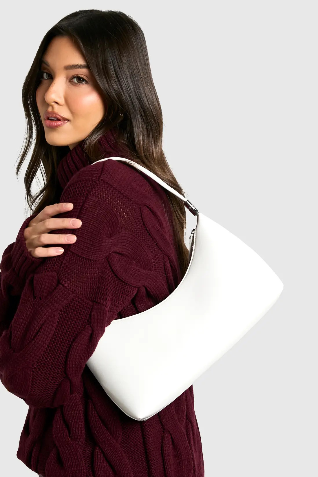 White boohoo Shiny Pu Shoulder Bag With Crossbody Strap | PrettyLittleThing USA | PrettyLittleThing US
