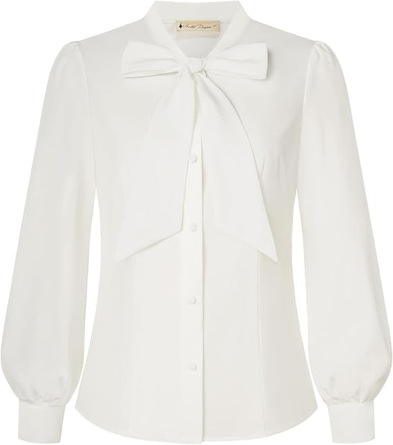 Belle Poque Women's Bow Tie Neck Blouse - Button Down Long Sleeve Collared Shirt for Work Office ... | Amazon (US)