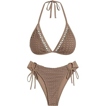 ZAFUL Women's Halter Triangle Bikini Set Crochet Boho Floral Swimsuit Cut Out Tie Side Two Piece ... | Amazon (US)