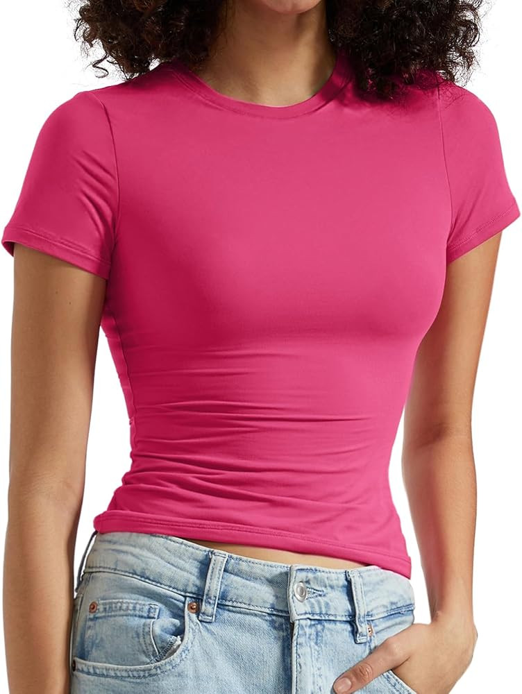 OMKAGI Double Lined Slim Fit T Shirts for Women Short Sleeve Crew Neck Crop Top | Amazon (US)